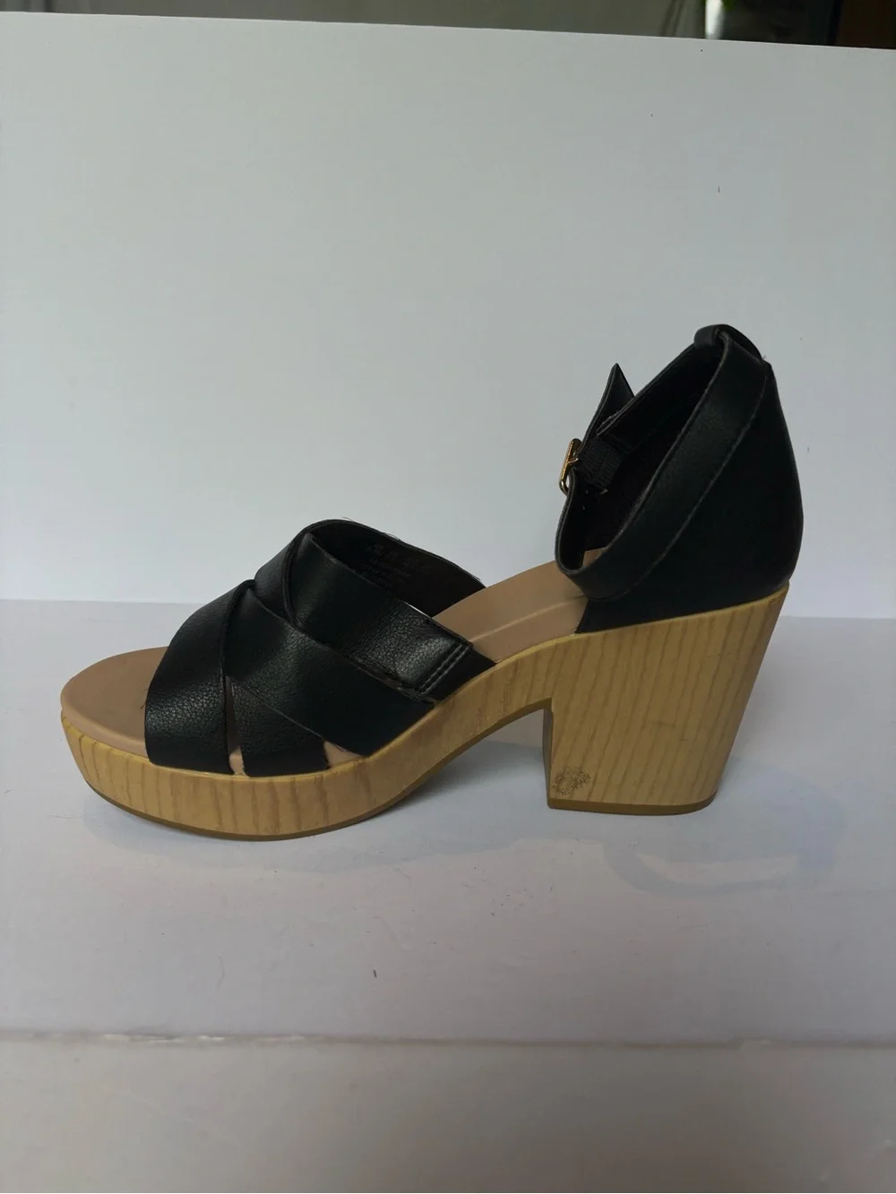 Dr. Scholls Women's Black Faux-Leather Platform Sandals with Ankle Strap Size 8.